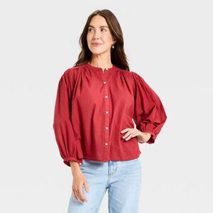 Universal Thread - Women's Puff Long Sleeve Banded Collar Neck Blouse Red